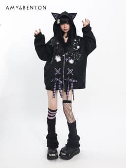 Subculture Bow Splicing Cartoon Print Cat Ears Hoodies Women Autumn Winter Sweet Cool Y2k Hot Girl Gothic Splicing Color Hoodies