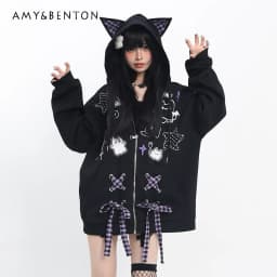 Subculture Bow Splicing Cartoon Print Cat Ears Hoodies Women Autumn Winter Sweet Cool Y2k Hot Girl Gothic Splicing Color Hoodies
