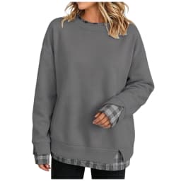 Oversize Sweatshirts Women With Plaid Hem Long Sleeve Round Neck Sweatshirts Fake Two-Piece Fashion Casual Pullover Tops