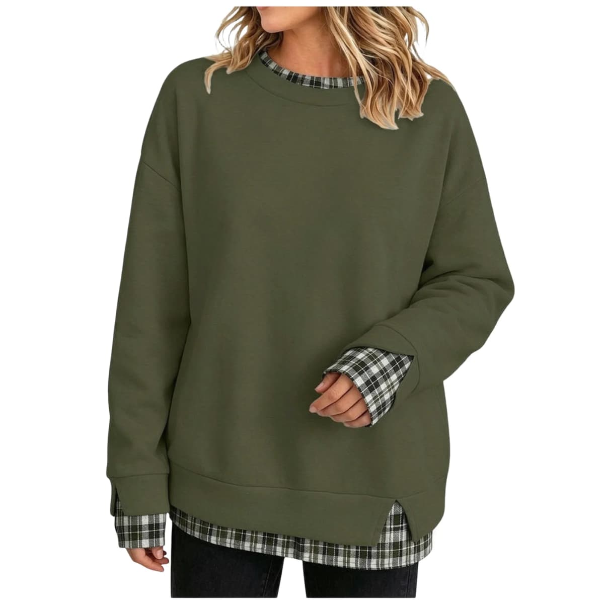 Oversize Sweatshirts Women With Plaid Hem Long Sleeve Round Neck Sweatshirts Fake Two-Piece Fashion Casual Pullover Tops