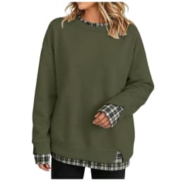 Oversize Sweatshirts Women With Plaid Hem Long Sleeve Round Neck Sweatshirts Fake Two-Piece Fashion Casual Pullover Tops