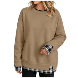 Oversize Sweatshirts Women With Plaid Hem Long Sleeve Round Neck Sweatshirts Fake Two-Piece Fashion Casual Pullover Tops