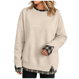 Oversize Sweatshirts Women With Plaid Hem Long Sleeve Round Neck Sweatshirts Fake Two-Piece Fashion Casual Pullover Tops