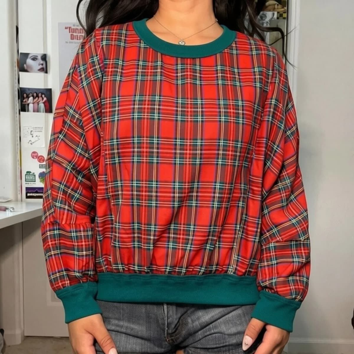 Xingqing Fashion Women Sweatshirt y2k Clothing Plaid Print Pullover Long Sleeve Crew Neck Loose Hoodie Top 2000s Streetwear