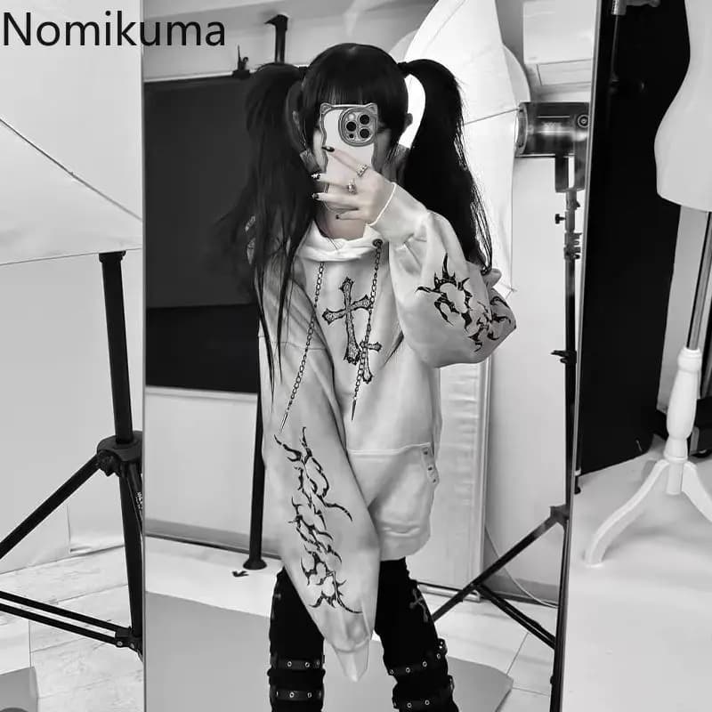 Streetwear Goth Sweatshirts Women's Clothing 2025 Print Harajuku Punk Hoodies Rivet Hooded Casual Fashion Oversized Hoodie Tops