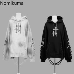 Streetwear Goth Sweatshirts Women's Clothing 2025 Print Harajuku Punk Hoodies Rivet Hooded Casual Fashion Oversized Hoodie Tops