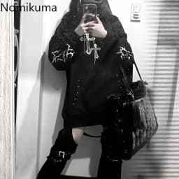 Streetwear Goth Sweatshirts Women's Clothing 2025 Print Harajuku Punk Hoodies Rivet Hooded Casual Fashion Oversized Hoodie Tops