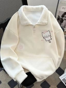 Winter Thick Cartoon Sweatshirt Women Warm Cute Loose Sweet Embroidery Pullover Fashion Turn Down Collar Long Sleeve Kawaii Tops
