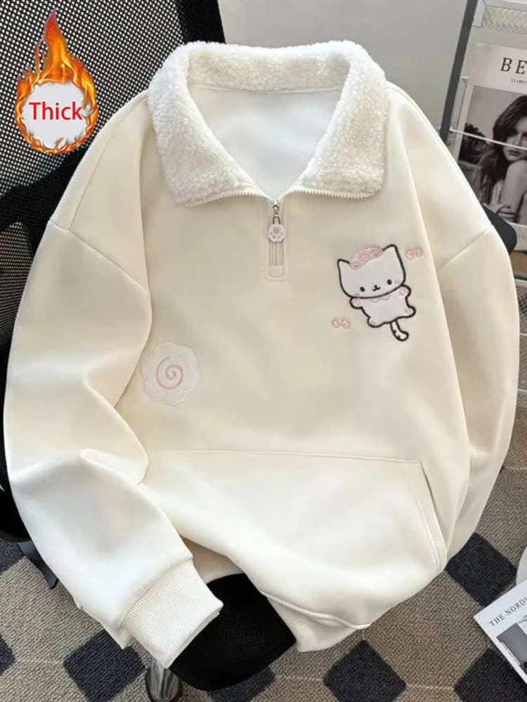 Winter Thick Cartoon Sweatshirt Women Warm Cute Loose Sweet Embroidery Pullover Fashion Turn Down Collar Long Sleeve Kawaii Tops