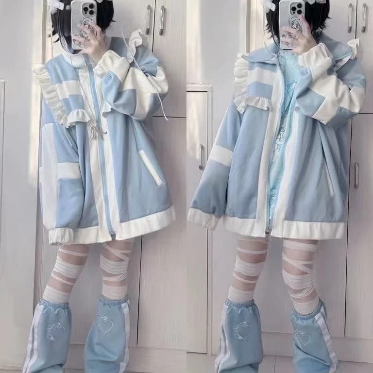 Cute Lace Trimmed Loose Fit Sweatshirt Jacket Water Color Series Student Girl's Style Autumn Winter Japanese Soft Sweet Design