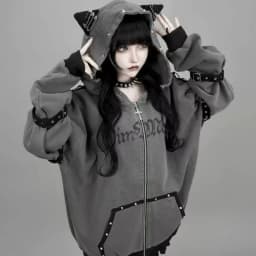 Japanese Subculture Kawaii Hoodie Long Sleeve Women Black Lace Bunny Ear Bow Decor Lace-Up Sweatshirt Casual Sweet Dark Style