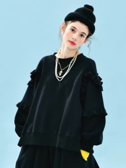 imakokoni Black Ruffled Sleeve Crew Neck Loose Sweatshirt Tops Women's Hoodies & Sweatshirts Casual Female Clothing for Women