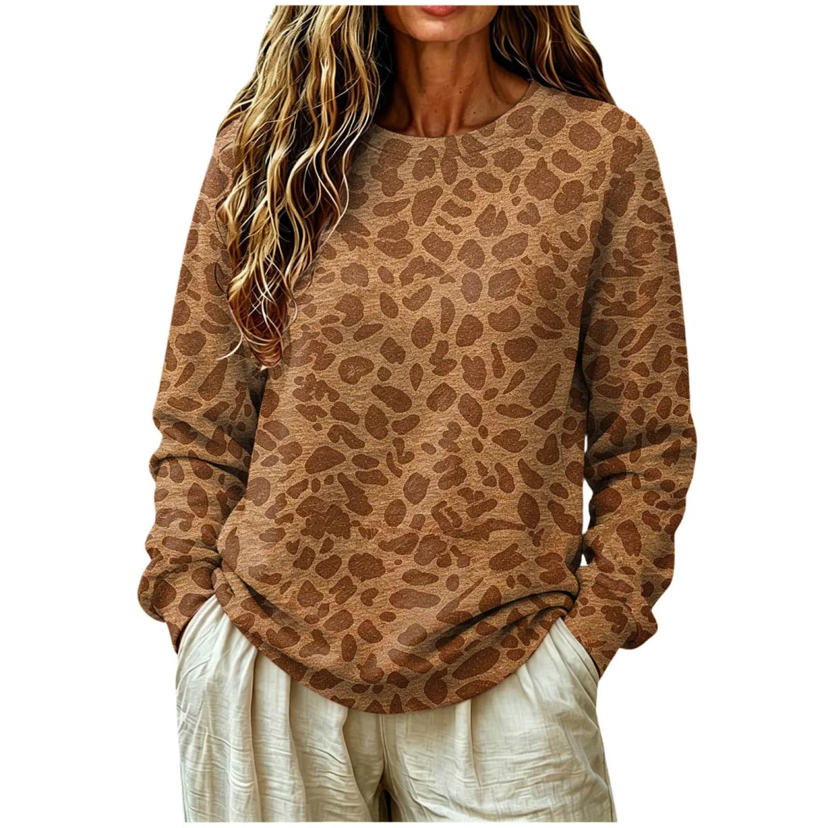 Oversize Sweatshirts For Women Fashion Leopard Printed Long Sleeve Round Neck Tops Plus Size Vintage Casual Pullover Sweatshirts