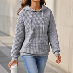 Women's Thick Waffle Knit Crew Neck Sweatshirt with Pocket – Solid Color Hip Length Winter Hoodie for Women's Winter Clothing