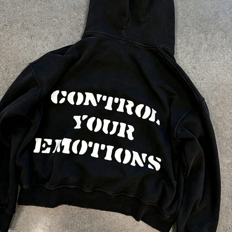 Retro Black Hooded Sweatshirt With Hip-Hop Back Letter Print Controls Your Emotions Y2K Street Pullover Punk High Street Gothic