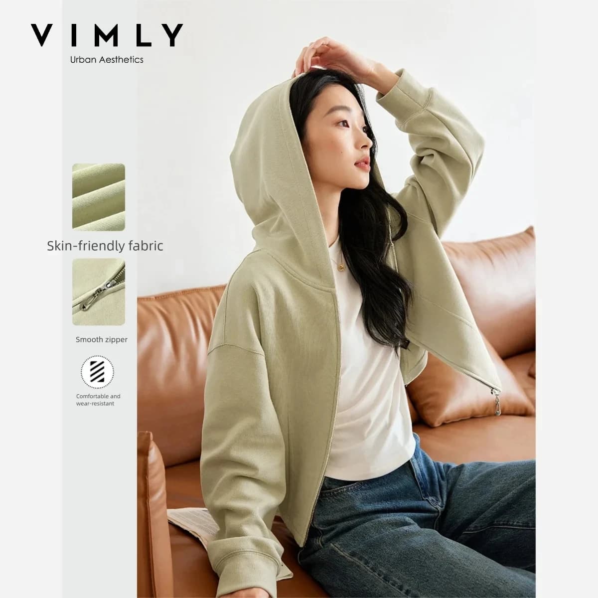 VIMLY Women Light‑khaki Hoodie 2026 Fall Zip‑placket Casual Drop‑shoulder Sweatshirts Fashion Elegant Loose-fit Outerwear A0907