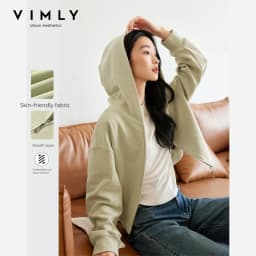 VIMLY Women Light‑khaki Hoodie 2026 Fall Zip‑placket Casual Drop‑shoulder Sweatshirts Fashion Elegant Loose-fit Outerwear A0907