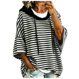 Women Striped Short Sleeve Hoodie Drawstring Drop Shoulder Loose Cropped Pullover Tops Casual Summer Fashion Streetwear Hoodies