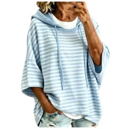 Women Striped Short Sleeve Hoodie Drawstring Drop Shoulder Loose Cropped Pullover Tops Casual Summer Fashion Streetwear Hoodies
