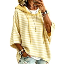 Women Striped Short Sleeve Hoodie Drawstring Drop Shoulder Loose Cropped Pullover Tops Casual Summer Fashion Streetwear Hoodies