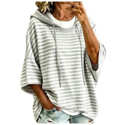 Women Striped Short Sleeve Hoodie Drawstring Drop Shoulder Loose Cropped Pullover Tops Casual Summer Fashion Streetwear Hoodies