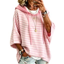 Women Striped Short Sleeve Hoodie Drawstring Drop Shoulder Loose Cropped Pullover Tops Casual Summer Fashion Streetwear Hoodies