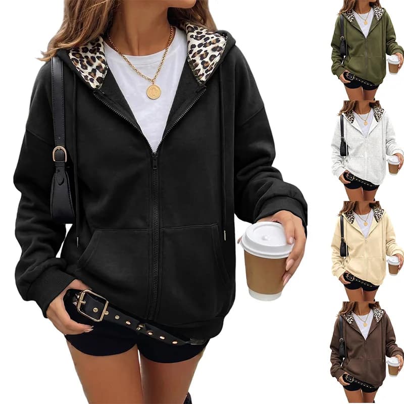 Women's Full Zip Hoodie with Leopard Hood Lining Oversized Long Sleeve Jacket Winter Warm Fleece Lined Sweatshirt Streetwear