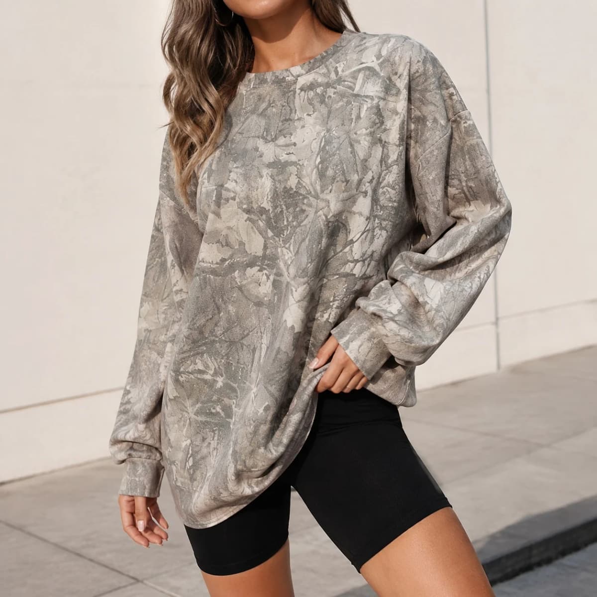 Printed Loose Fit Hoodie with Plant Floral Pattern Mid Length Streetwear No Hood Casual Long Sleeve Pullover Women Hoodie