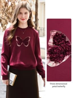 I BELIEVE YOU Red Sweatshirt Woman 2025 Autumn Winter Fashion Three-dimensional Butterfly Fleece Crew Neck Sweatshirt 2254196151