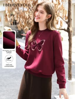 I BELIEVE YOU Red Sweatshirt Woman 2025 Autumn Winter Fashion Three-dimensional Butterfly Fleece Crew Neck Sweatshirt 2254196151