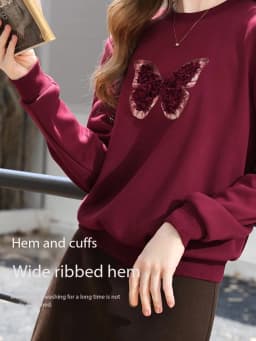 I BELIEVE YOU Red Sweatshirt Woman 2025 Autumn Winter Fashion Three-dimensional Butterfly Fleece Crew Neck Sweatshirt 2254196151