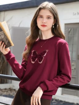 I BELIEVE YOU Red Sweatshirt Woman 2025 Autumn Winter Fashion Three-dimensional Butterfly Fleece Crew Neck Sweatshirt 2254196151