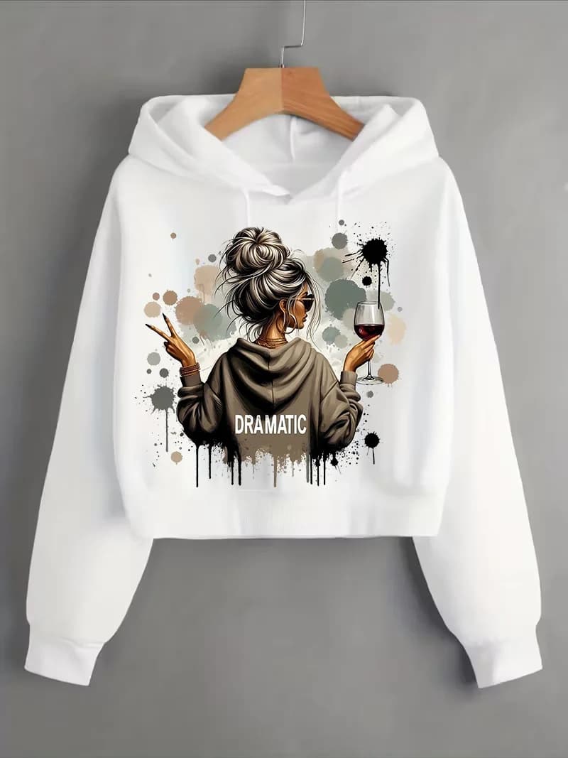 Vintage Dramatic Lady Print Autumn Winter Cropped Sweatshirt Crop Top Hoodie Y2k Sweatshirts Gothic Casual Style Clothes