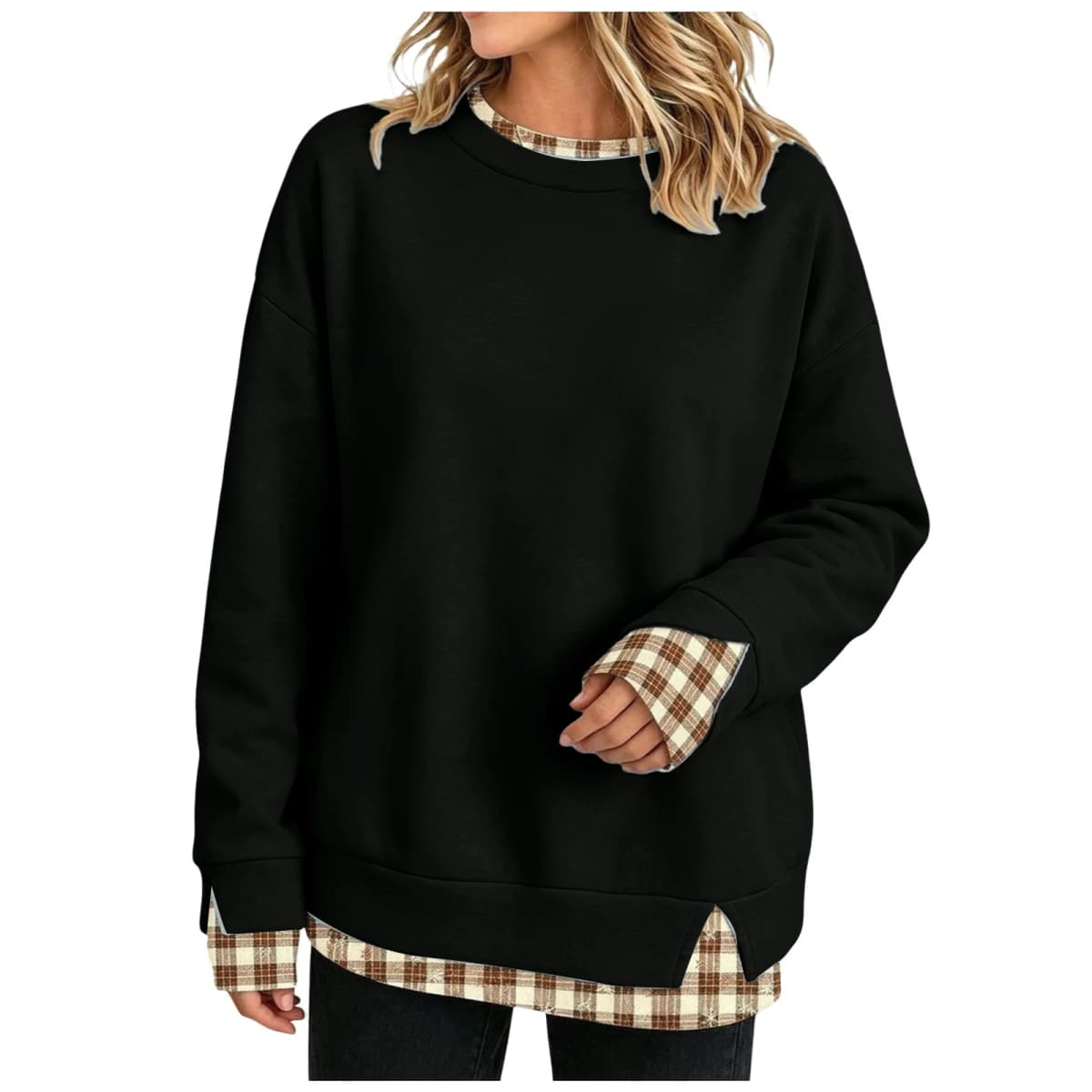 Fake Two-Piece Oversize Sweatshirts Women Plaid Printed Long Sleeve Pullover With Side Slit Loose Round Neck Sweatshirts Tops