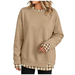 Fake Two-Piece Oversize Sweatshirts Women Plaid Printed Long Sleeve Pullover With Side Slit Loose Round Neck Sweatshirts Tops