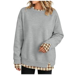 Fake Two-Piece Oversize Sweatshirts Women Plaid Printed Long Sleeve Pullover With Side Slit Loose Round Neck Sweatshirts Tops