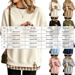 Fake Two-Piece Oversize Sweatshirts Women Plaid Printed Long Sleeve Pullover With Side Slit Loose Round Neck Sweatshirts Tops
