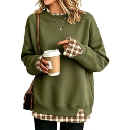 Fake Two-Piece Oversize Sweatshirts Women Plaid Printed Long Sleeve Pullover With Side Slit Loose Round Neck Sweatshirts Tops