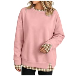 Fake Two-Piece Oversize Sweatshirts Women Plaid Printed Long Sleeve Pullover With Side Slit Loose Round Neck Sweatshirts Tops