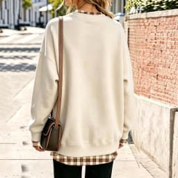 Fake Two-Piece Oversize Sweatshirts Women Plaid Printed Long Sleeve Pullover With Side Slit Loose Round Neck Sweatshirts Tops