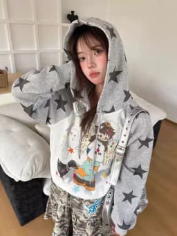 Aoaiiys Star Hoodies Women Streetwear Sweatshirt Cute Cartoon Print Y2k Loose Drawstring Hoodies Autumn Patchwork Sweatshirts