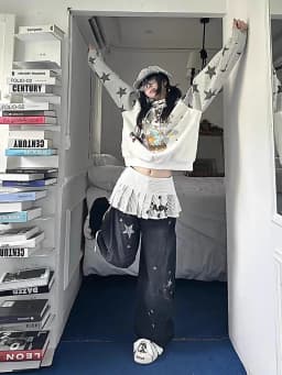 Aoaiiys Star Hoodies Women Streetwear Sweatshirt Cute Cartoon Print Y2k Loose Drawstring Hoodies Autumn Patchwork Sweatshirts