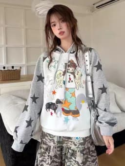 Aoaiiys Star Hoodies Women Streetwear Sweatshirt Cute Cartoon Print Y2k Loose Drawstring Hoodies Autumn Patchwork Sweatshirts