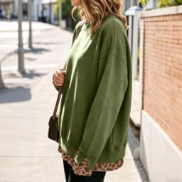 Fake Two-Piece Women Sweatshirts With Side Slit Leopard Print Long Sleeve Oversize Sweatshirts Autumn Casual Round Neck Pullover