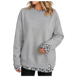Fake Two-Piece Women Sweatshirts With Side Slit Leopard Print Long Sleeve Oversize Sweatshirts Autumn Casual Round Neck Pullover