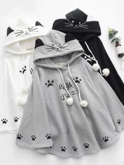 plus Size Print Hooded Cloak Autumn Winter New Style Japanese College Style Women's Loose Fit Sweatshirt Middle Length