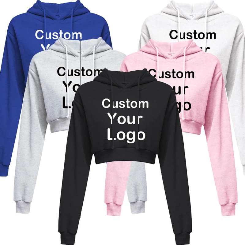 Customized Logo Print Crop Hoodie Women Spring Autumn Pullovers Ladies Solid Color Drawstring Hooded Full Sleeve Sweatshirt