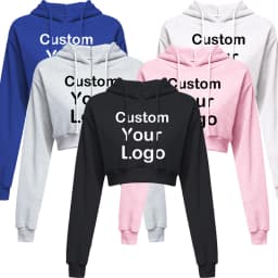 Customized Logo Print Crop Hoodie Women Spring Autumn Pullovers Ladies Solid Color Drawstring Hooded Full Sleeve Sweatshirt