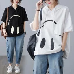 2024 New Summer Fashion Edition Fresh and Age Reducing Loose Casual Oversized Printed Hooded Short Sleeved Women's Hoodie