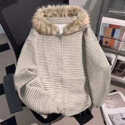 Y2k Kawaii Japanese Print Zipper Hooded Sweatshirts Harajuku Loose Casual Fur Collar Hoodies 2000s Vintage Autumn Coats Chic